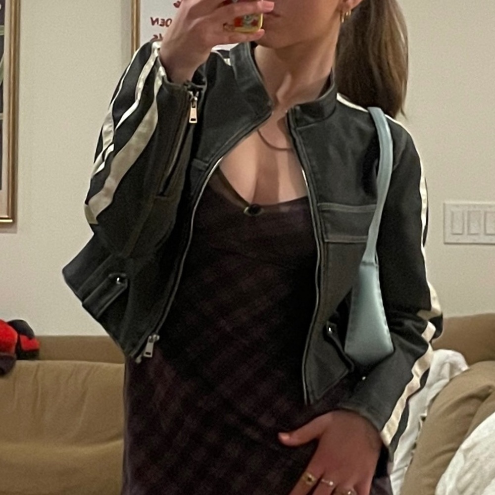 Urban Outfitters Charcoal Distressed Moto Jacket with White Stripes and Piping - Picture 2 of 4
